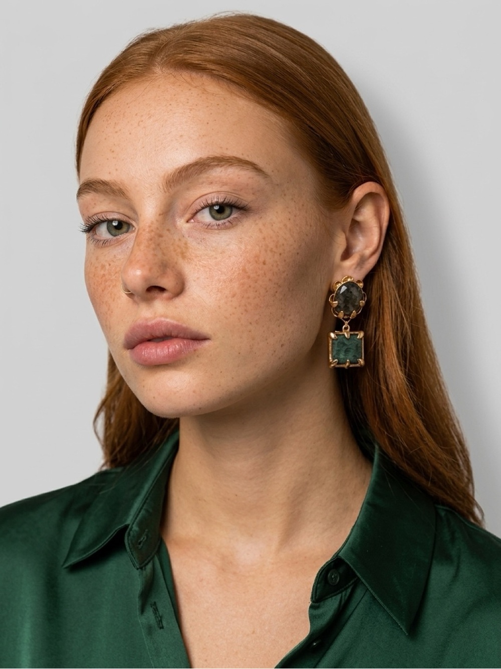 Gold Tone Double-Drop Earrings with Green and Gray Stones